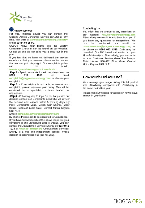 UK Green Star Energy energy utility bill Word and PDF, formats 3,